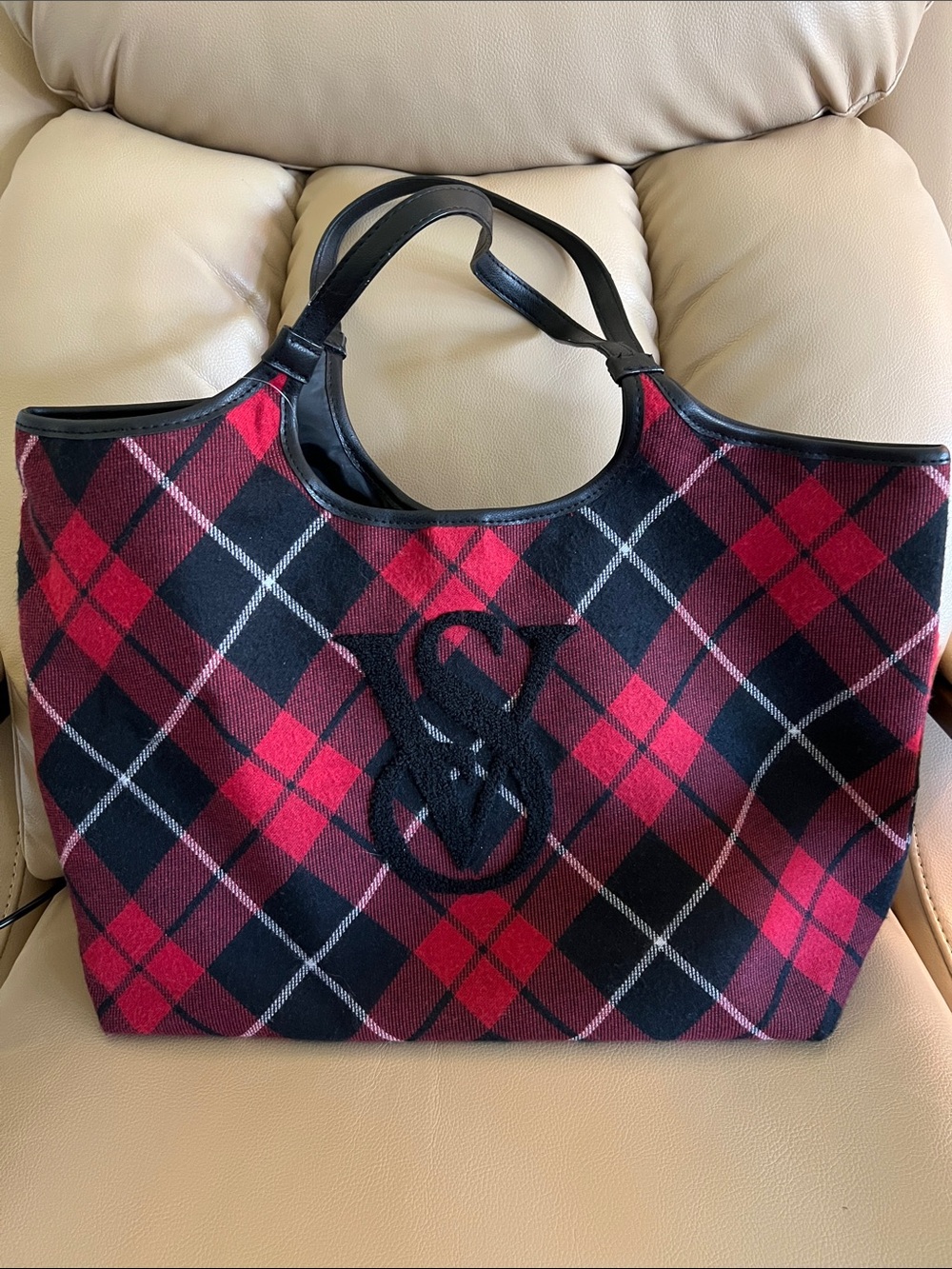 Victoria’s Secret Plaid Red and Black Tote Bag with Monogram